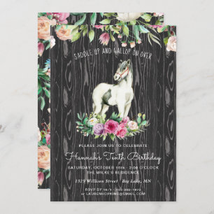  paarden en bloemen op Rustic Wood Birthday Kaart