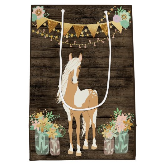  paarden en bloemen op rustieke schuur hout medium cadeauzakje (Achterkant)