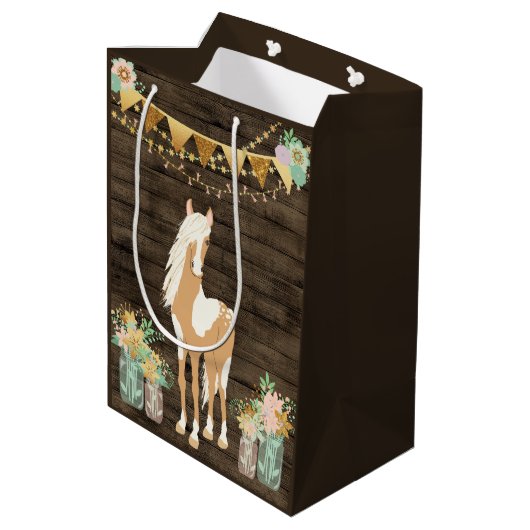  paarden en bloemen op rustieke schuur hout medium cadeauzakje (Achterkant Gekanteld)