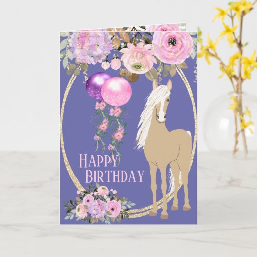  paarden en bloemen Roze Periwinkle Birthday Kaart (Gele Bloem)