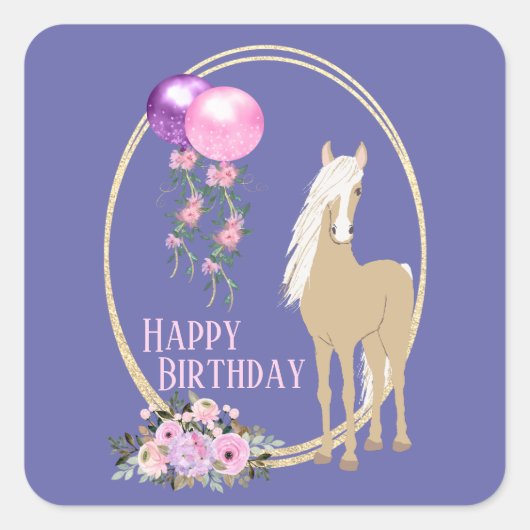  paarden en bloemen Roze Periwinkle Birthday Vierkante Sticker (Voorkant)