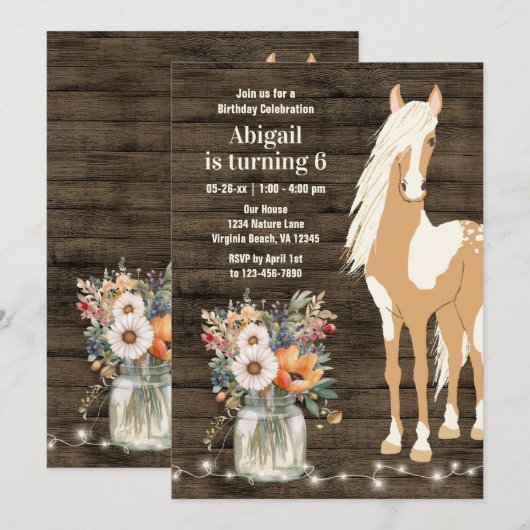 paarden en bloemen Rustic Wood Birthday Kaart (Voorkant / Achterkant)