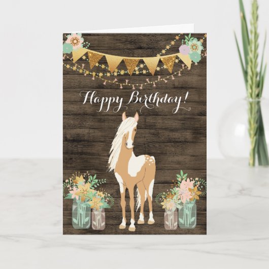  paarden en bloemen Rustic Wood Birthday Kaart (Voorkant)