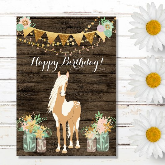 paarden en bloemen Rustic Wood Birthday Kaart