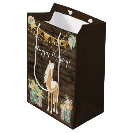  paarden en bloemen Rustic Wood Birthday Medium Cadeauzakje (Voorkant Gekanteld)