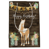  paarden en bloemen Rustic Wood Birthday Medium Cadeauzakje (Voorkant)