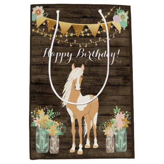  paarden en bloemen Rustic Wood Birthday Medium Cadeauzakje (Voorkant)