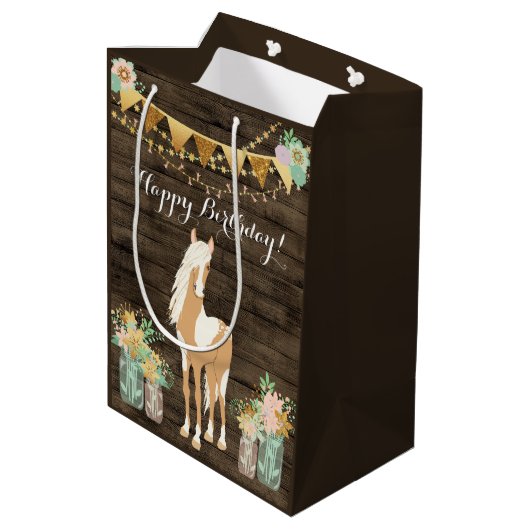  paarden en bloemen Rustic Wood Birthday Medium Cadeauzakje (Achterkant Gekanteld)