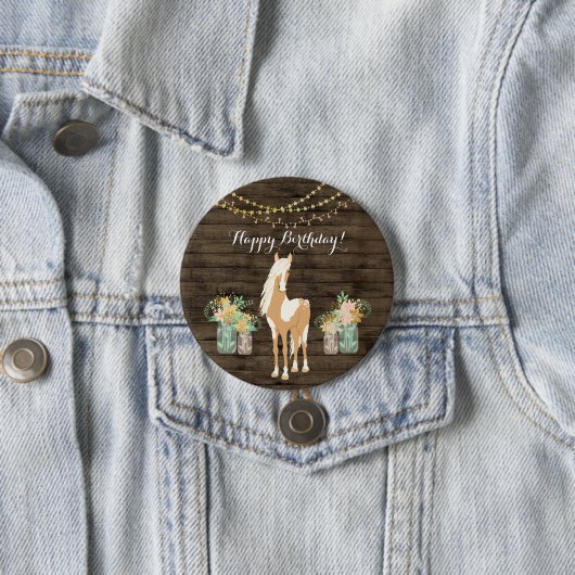 paarden en bloemen Rustic Wood Birthday Ronde Button 7,6 Cm (In situ)