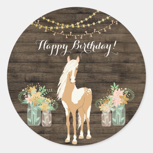  paarden en bloemen Rustic Wood Birthday Ronde Sticker (Voorkant)