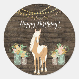  paarden en bloemen Rustic Wood Birthday Ronde Sticker