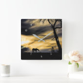 Paarden en eikenbomen in de zon vierkante klok (Huis)