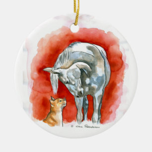 Paarden en kat keramisch ornament