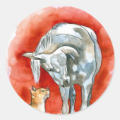 Paarden en kat ronde sticker (Voorkant)