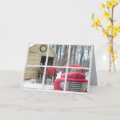 paarden en retrorode vrachtwagen in rustige ruit kaart (Gele Bloem)