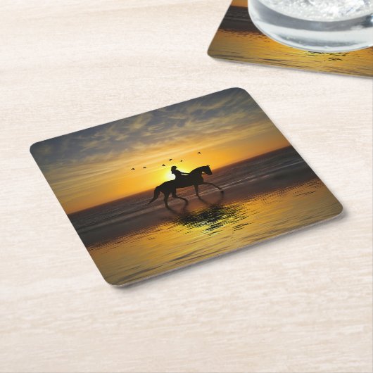Paarden en Rider op het strand Kartonnen Onderzetters (Schuin)
