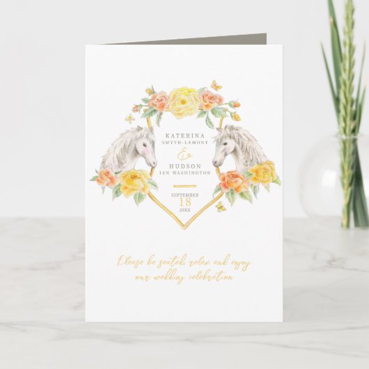 Paarden en rozen geel monogram kunst bruiloft programma (Voorkant)