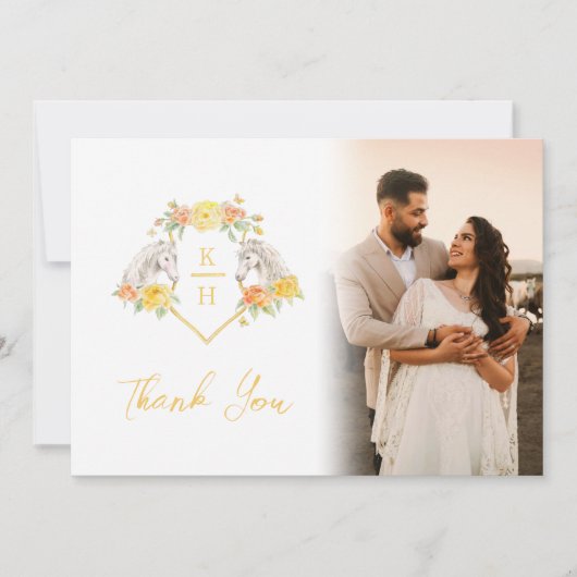 Paarden en rozen monogram bruiloft Foto's QR Code Bedankkaart (Voorkant)