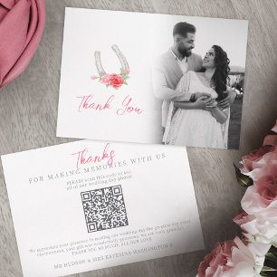 Paarden en rozen monogram trouwfoto's QR-code Bedankkaart