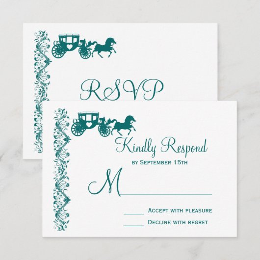 Paarden enCarriage Blauwgroen Blue Wedding RSVP-ka RSVP Kaartje (Voorkant / Achterkant)