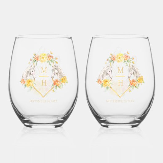 Paarden geel rose monogram Mr en Mrs bruiloft Wijnglas Zonder Voet (Voorkant)