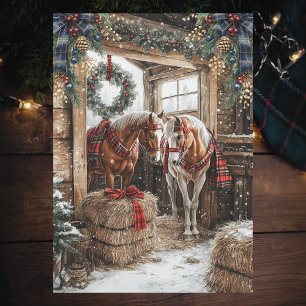 Paarden Geruite Landelijke Kerst Winter Schuur Sce Feestdagenkaart