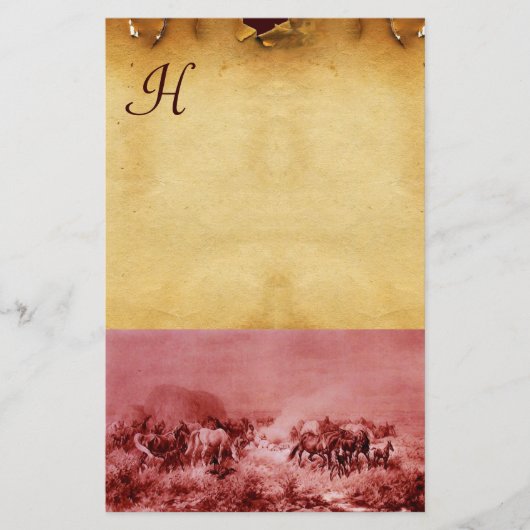 PAARDEN GRAFEND OPKWEEK PARCHMENT MONOGRAM Rood Br Briefpapier (Voorkant)