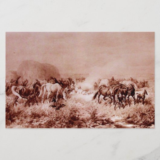 PAARDEN GRAZEN Antiek Bruin Sepia Briefpapier (Voorkant)