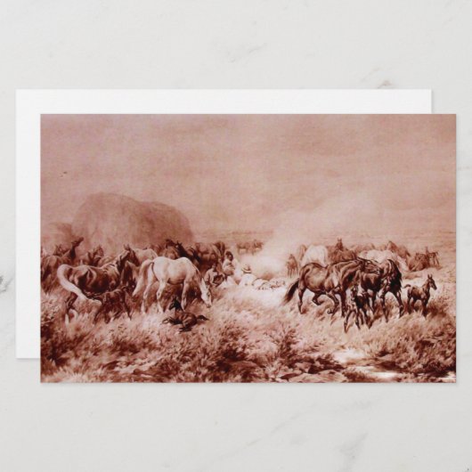 PAARDEN GRAZEN Antiek Bruin Sepia Briefpapier (Voorkant / Achterkant)