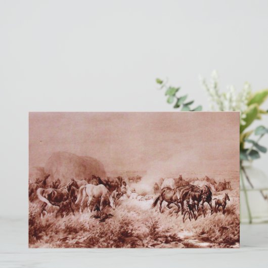PAARDEN GRAZEN Antiek Bruin Sepia Briefpapier (Staand voorkant)
