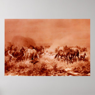 PAARDEN GRAZEN Antiek Rood Bruin Roze Poster