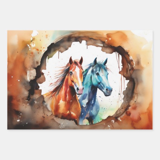 Paarden grazen in Waterverf Meadow Inpakpapier Vel (Voorkant 2)