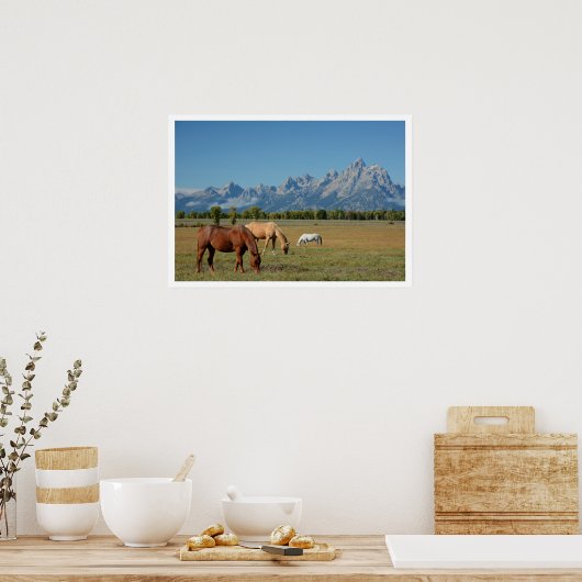 Paarden grazen in weiland, Teton Mountains Poster (Keuken)