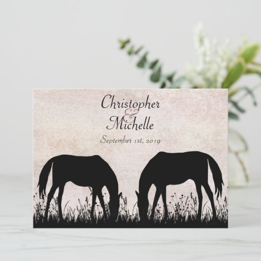 Paarden grazen ruitersport bruiloft uitnodiging (Staand voorkant)