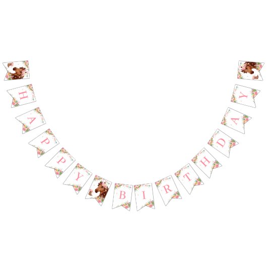 Paarden Happy Birthday Girl Pink Floral Saddle Pon Vlaggetjes (Alle)