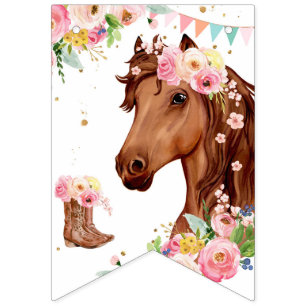 Paarden Happy Birthday Girl Pink Floral Saddle Pon Vlaggetjes