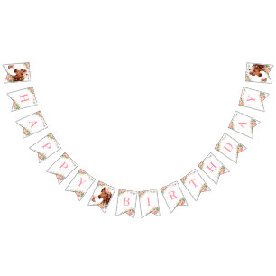 Paarden Happy Birthday Girl Pink Floral Saddle Pon Vlaggetjes