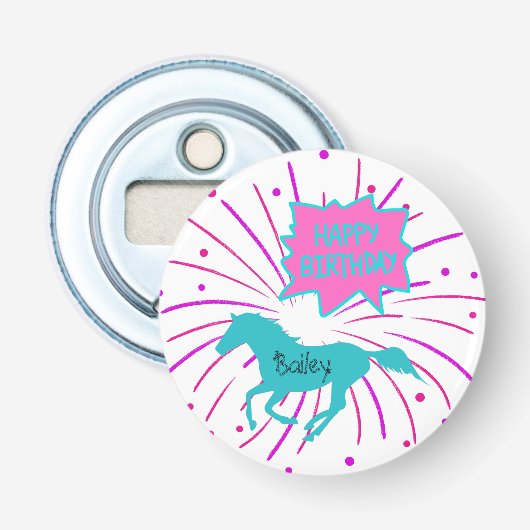 Paarden Happy Birthday roze Paarse Turquoise Button Flesopener (Voorkant)