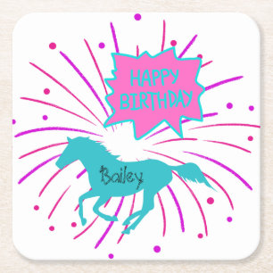 Paarden Happy Birthday roze Paarse Turquoise Kartonnen Onderzetters