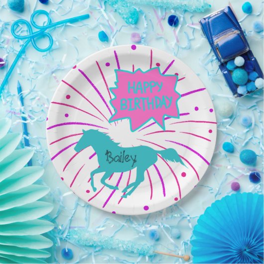 Paarden Happy Birthday roze Paarse Turquoise Papieren Bordje (Feest)