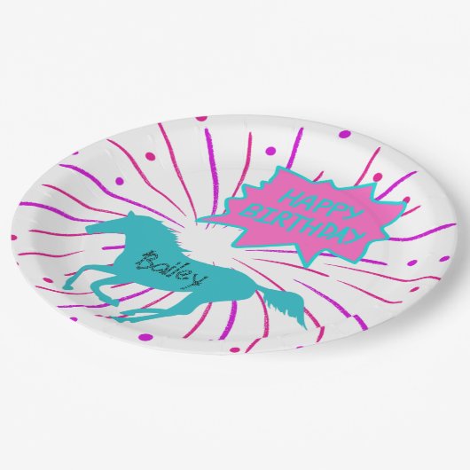 Paarden Happy Birthday roze Paarse Turquoise Papieren Bordje (Gekanteld)