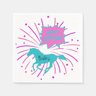 Paarden Happy Birthday roze Paarse Turquoise Servet