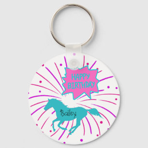 Paarden Happy Birthday roze Paarse Turquoise Sleutelhanger