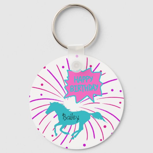 Paarden Happy Birthday roze Paarse Turquoise Sleutelhanger (Voorkant)