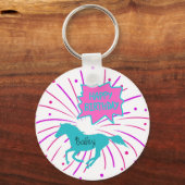 Paarden Happy Birthday roze Paarse Turquoise Sleutelhanger (Voorkant)
