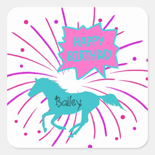 Paarden Happy Birthday roze Paarse Turquoise Vierkante Sticker (Voorkant)