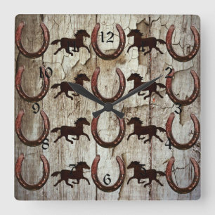 Paarden Hoefijzers op Barn Wood Cowboy Gifts Vierkante Klok