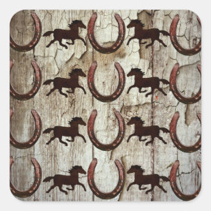 Paarden Hoefijzers op Barn Wood Cowboy Gifts Vierkante Sticker