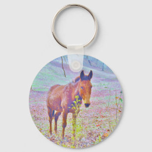 Paarden in een PAARS Pastel-RAINBOW-veld: naam toe Sleutelhanger