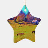 Paarden in een regenbooggekleurd veld keramisch ornament (Rechts)